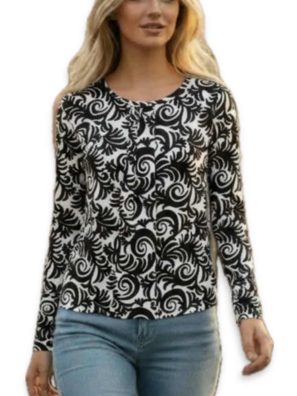 TanJay Black White Patterned Sparkle Pleated Lined Top S